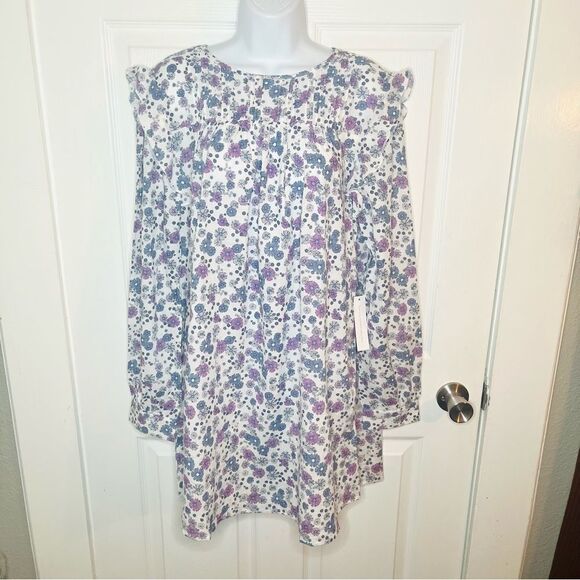 Modcloth Floral Prairie Doll Mini Dress Ruffle Shoulder Purple Blue L NWT - Picture 4 of 12